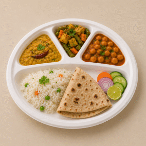 Papezo 12″ 4 Compartment Round Bagasse Plate – Heavy Duty Eco-Friendly Disposable Plate