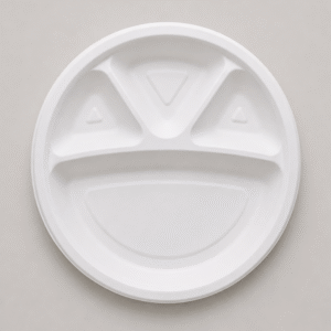 Papezo 12″ 4 Compartment Round Bagasse Plate – Heavy Duty Eco-Friendly Disposable Plate