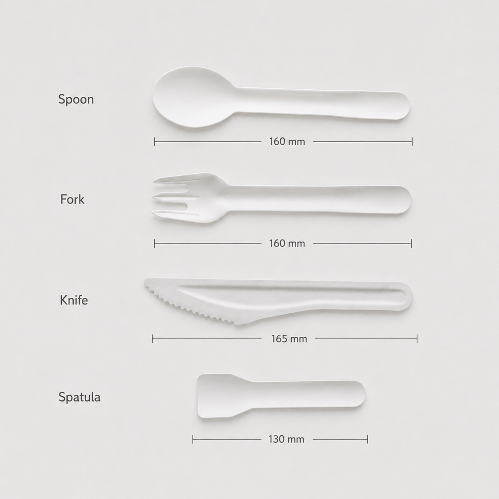 Papezo Eco-Friendly Bagasse Cutlery Set – Spoon, Fork, Knife & Spatula