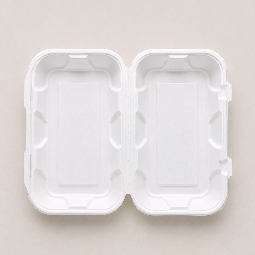 Papezo 9×6 Inch Eco-Friendly Bagasse Clamshell Food Container Box with Lid 2 Papezo 9×6 Inch Eco-Friendly Bagasse Clamshell Food Container Box with Lid - Image 2
